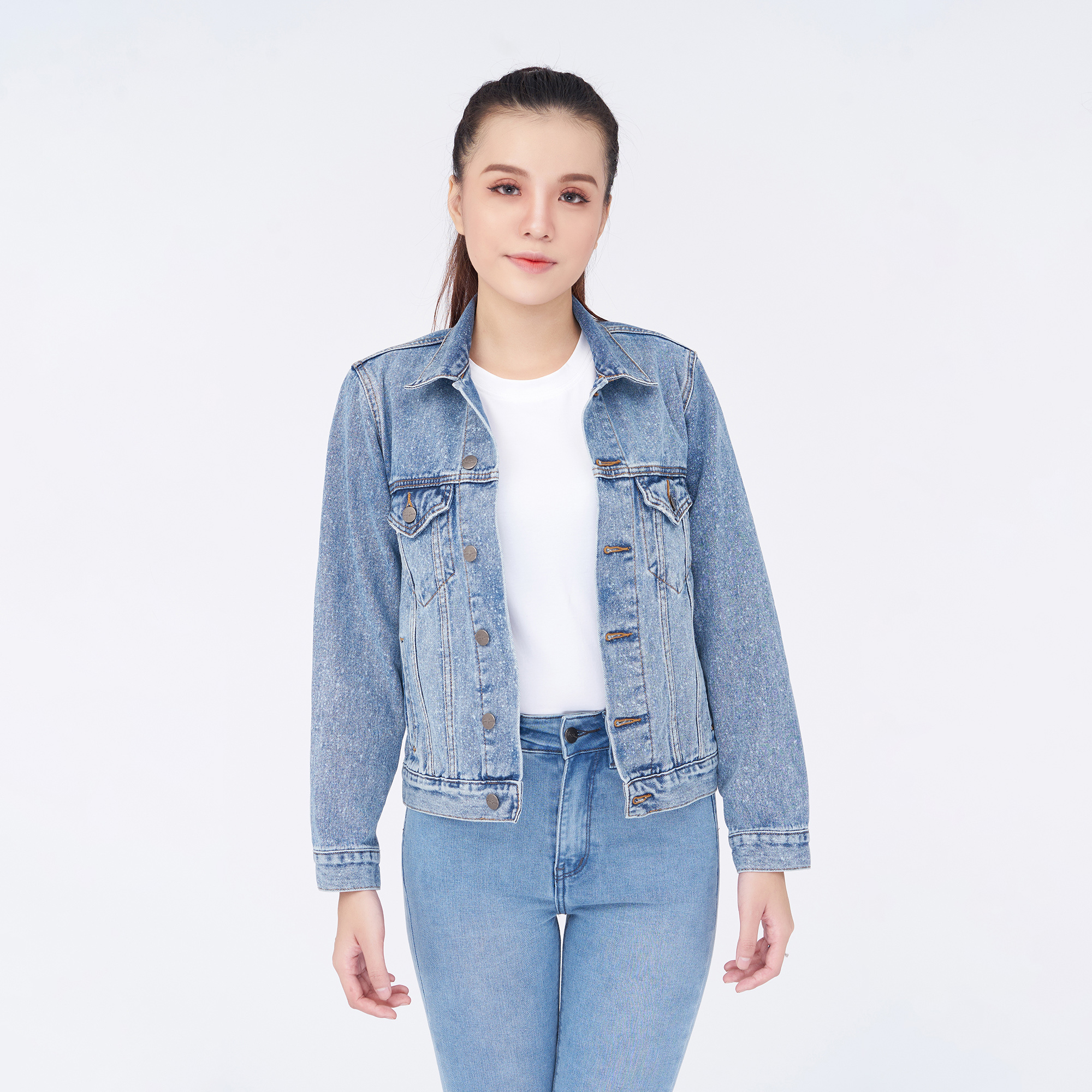 Áo Khoác Jean Nữ Trơn Màu Xanh Đậm Nhạt Aaa Jeans