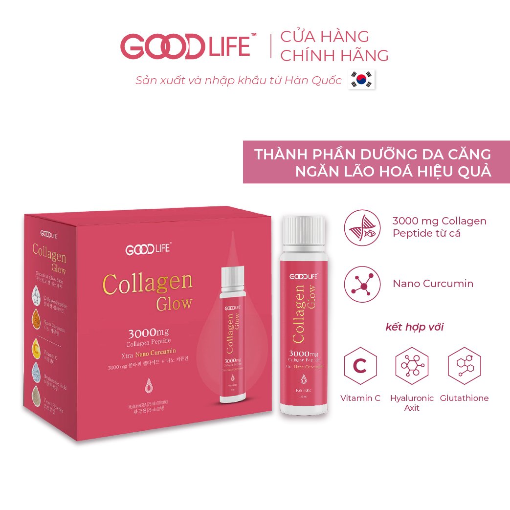 Combo 3 hộp nước uống GOODLIFE COLLAGEN GLOW 3000mg -kết hợp độc đáo Nano Curcumin (tinh bột nghệ) và Vitamin C (10 ống)