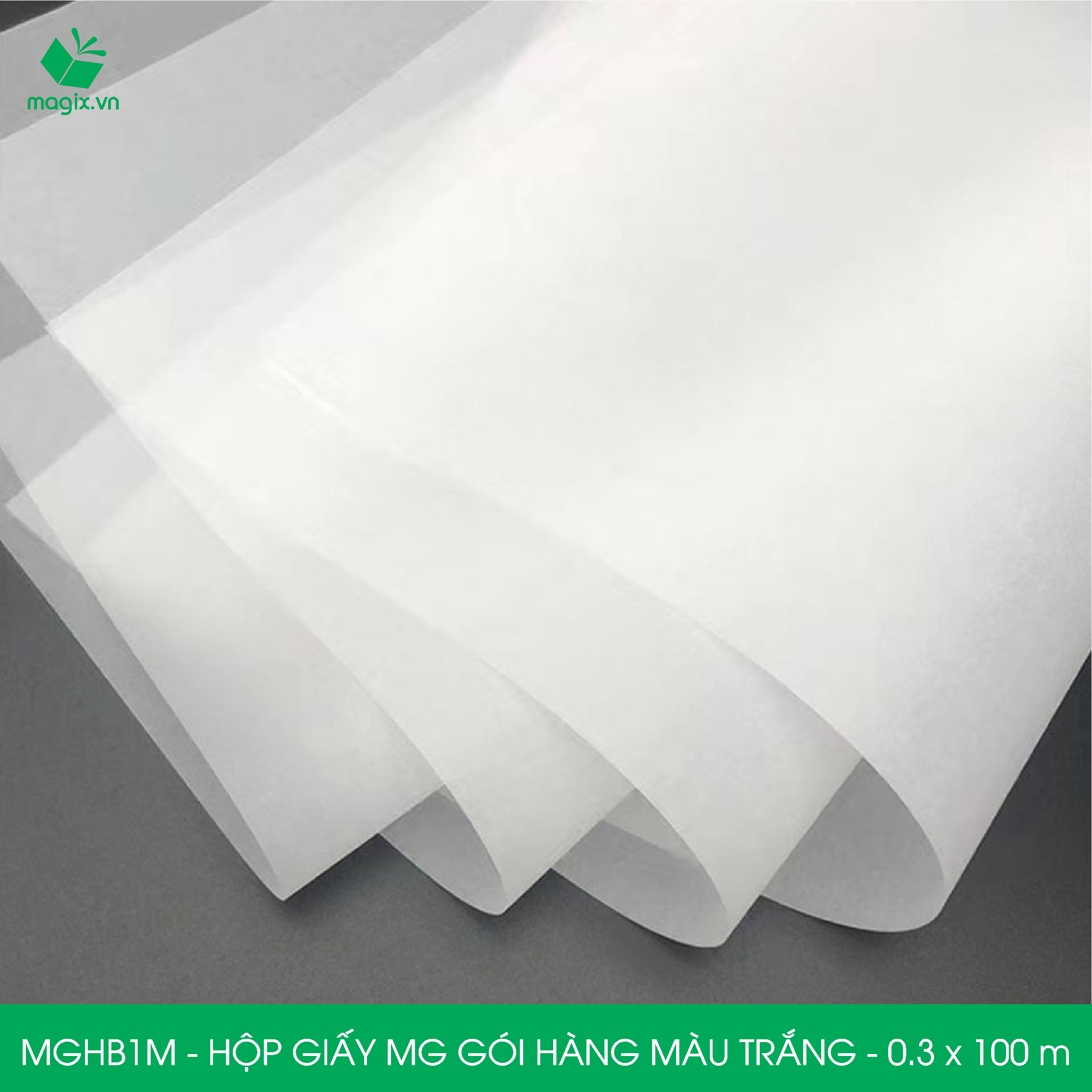 MGHB1M - 0.3x100 m - Hộp cuộn giấy MG, cuộn giấy Pelure trắng gói hàng, cuộn giấy chống ẩm 1 mặt bóng, giấy bọc hàng thời trang