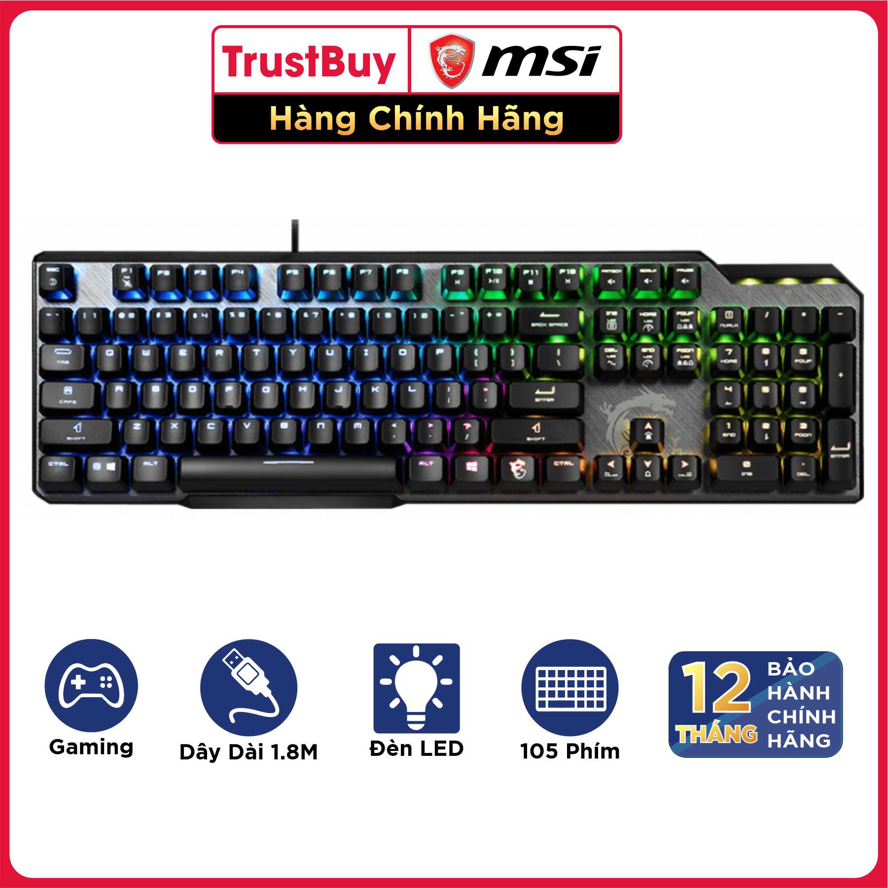 Bàn Phím Gaming Cơ MSI Vigor GK50 Kailh Box White Đèn LED RGB, Dây Cắm USB Dài 1.8M - Hàng Chính Hãng