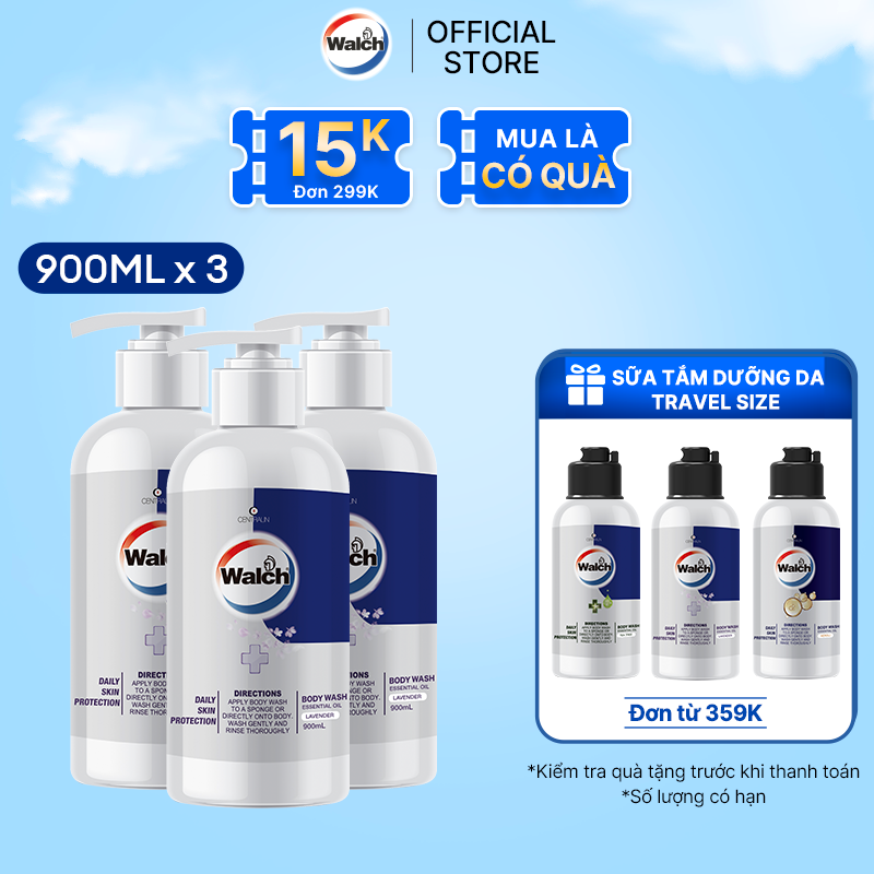 Combo 3 sữa tắm tinh dầu Walch tiêu diệt vi khuẩn, dưỡng ẩm mềm mịn, tái tạo làn da - Hương Lavender (900mlx3 )