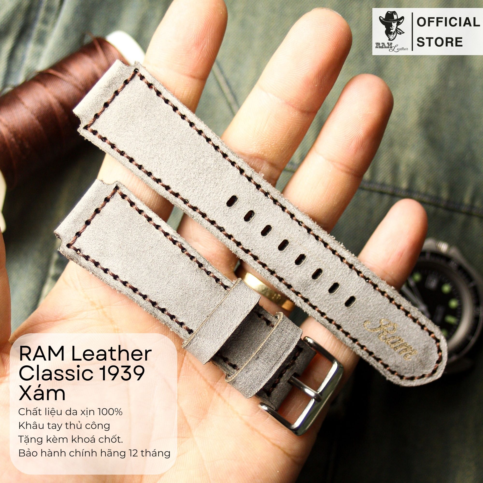 Dây đồng hồ da bò RAM CLASSIC 1939 Sang trọng  - HÀNG CHÍNH HÃNG