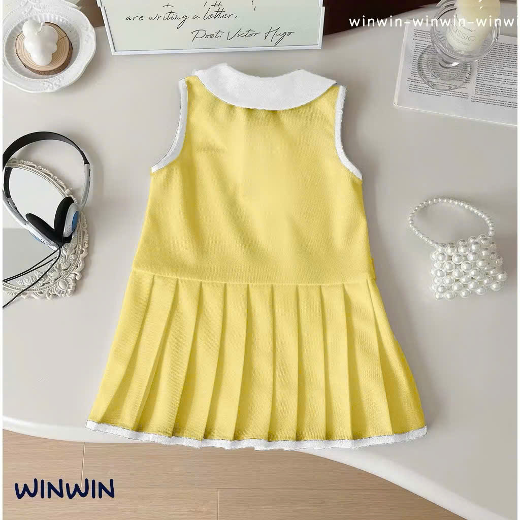 ĐẦM THUN BÉ GÁI SÁT NÁCH CỔ SEN XẾP LY IN GẤU CHERRY DỄ THƯƠNG TỪ 12-36KG CHO BÉ GÁI