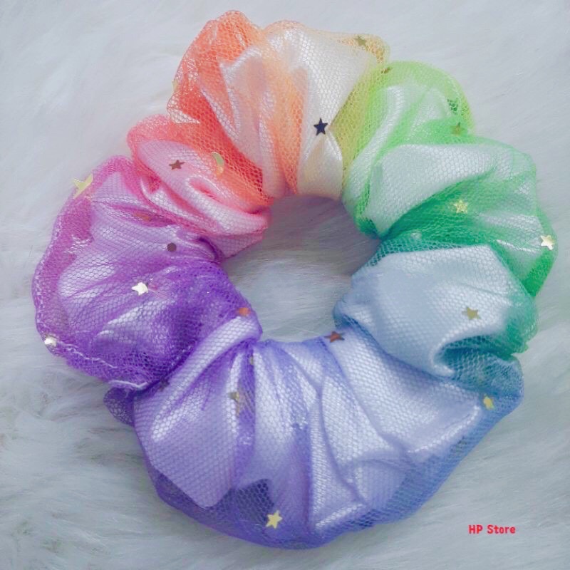 Dây Cột Tóc Nữ, Bé Gái Cầu Vồng 7 Màu Ngôi Sao Scrunchies 2 Lớp Phồng To