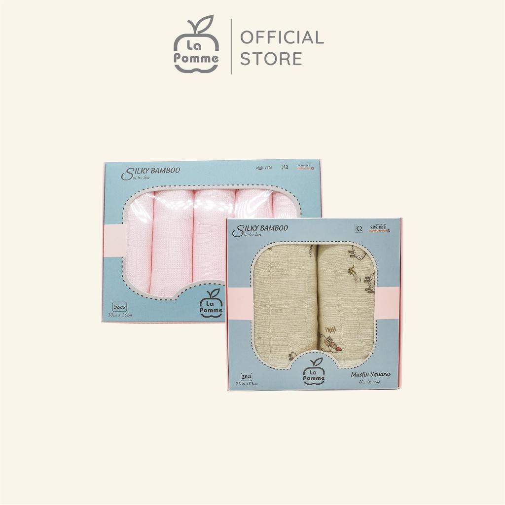 Combo 2 K001 Set 5 Khăn sữa (30x30cm) màu Hồng + K002 Set 2 Khăn đa năng sợi tre lụa La Pomme (75x75cm) - Nude Shee