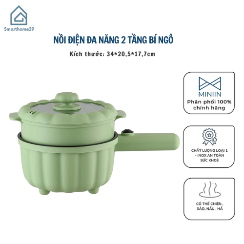 Nồi Điện Mini 2 Đa Chức Năng Kèm Lồng Hấp, Ca Mỳ Tay Cầm Nồi Bí Ngô 2 Tầng Nấu Cơm, Chiên, Xào, Rán Tiện Lợi - Hàng Chính Hãng MINIIN