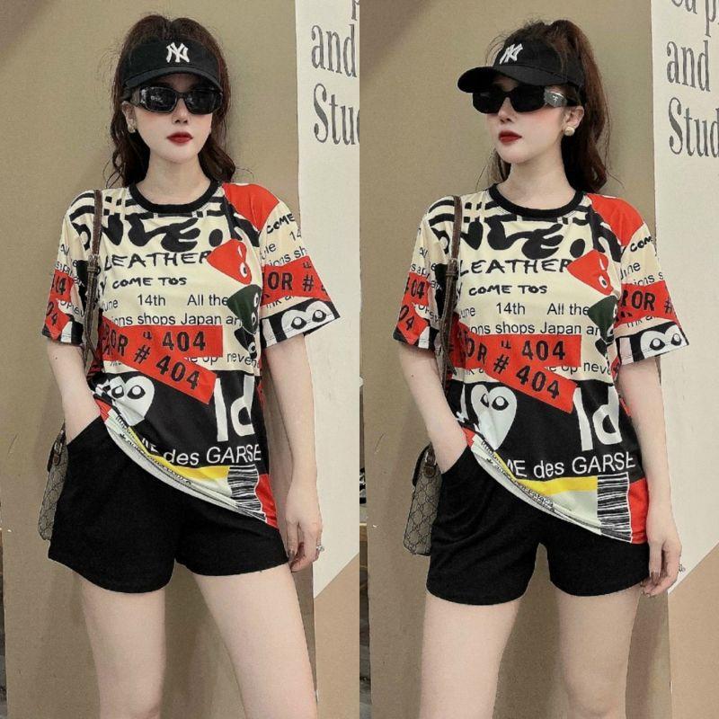 sét bộ sort đùi nữ in họa tiết chữ trẻ trung
