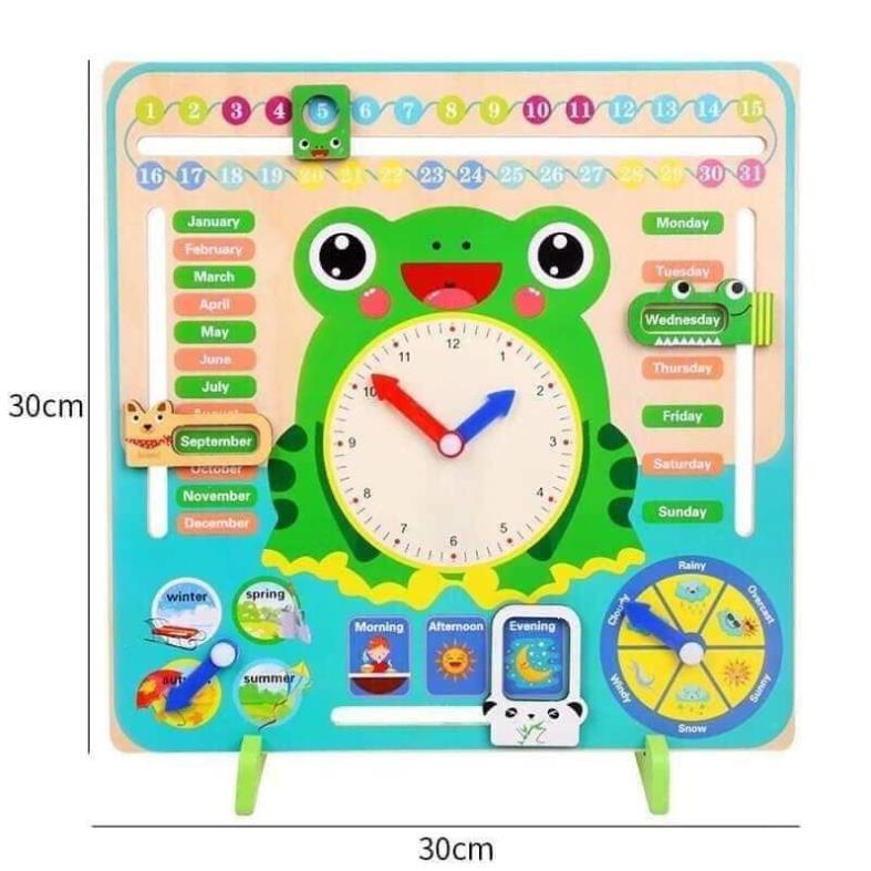 Đồng hồ kèm lịch gỗ hình chú ếch đa chức năng 7in1