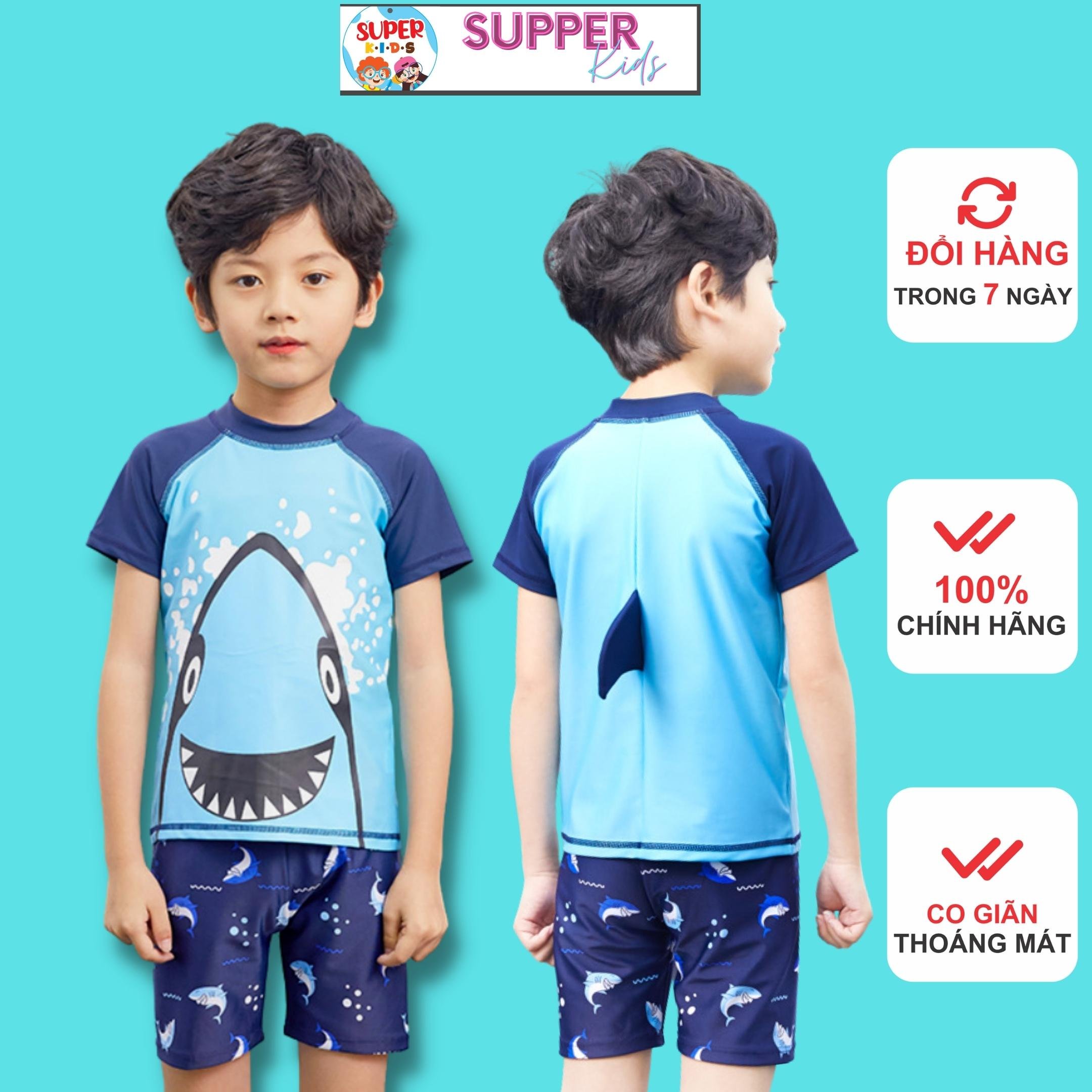 Bộ quần áo bơi kèm mũ dành cho bé trai Việt nam sản xuất hoạ tiết cá mập