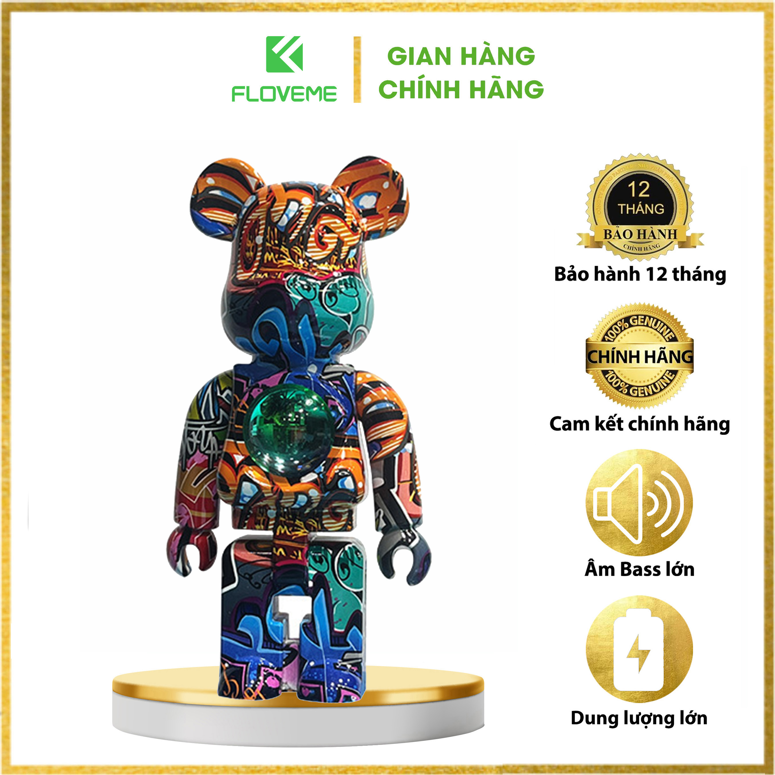 Loa Bluetooth Gấu Bearbrick Đèn Led Floveme Shen Lian, Nhỏ Gọn, Decor Bàn Làm Việc, Âm Thanh To Rõ Nét, Pin Dùng 3 - 5h - Hàng Chính Hãng