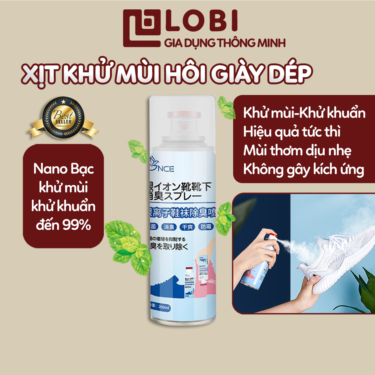 Xịt khử mùi giày dép Nano Bạc xịt giày khử mùi khử vi khuẩn 99% loại bỏ mùi hôi giày dép chai 260ml