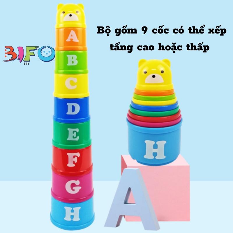 Đồ chơi tháp cốc nhựa xếp chồng 9 tầng đồ chơi giáo dục sớm giúp bé nhận diện màu sắc, to nhỏ, chữ và số hình gấu