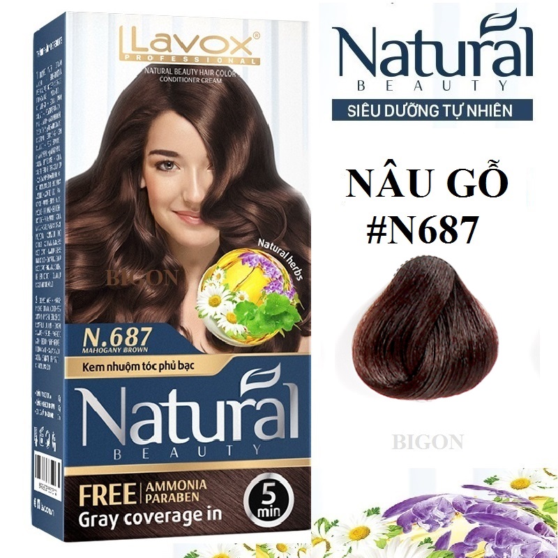 (Nâu Gỗ) Kem Nhuộm Phủ Bạc Cao Cấp Siêu Dưỡng, Tự Nhiên Lavox - N.687 - Mahogany Brown