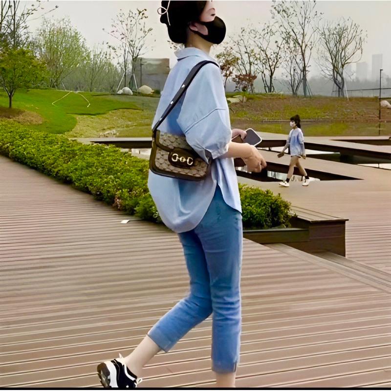 Chen.room Áo sơ mi sọc xanh Shyn shirt tay phồng vạt bầu form dáng hàn quốc, áo xinh nhà Chen