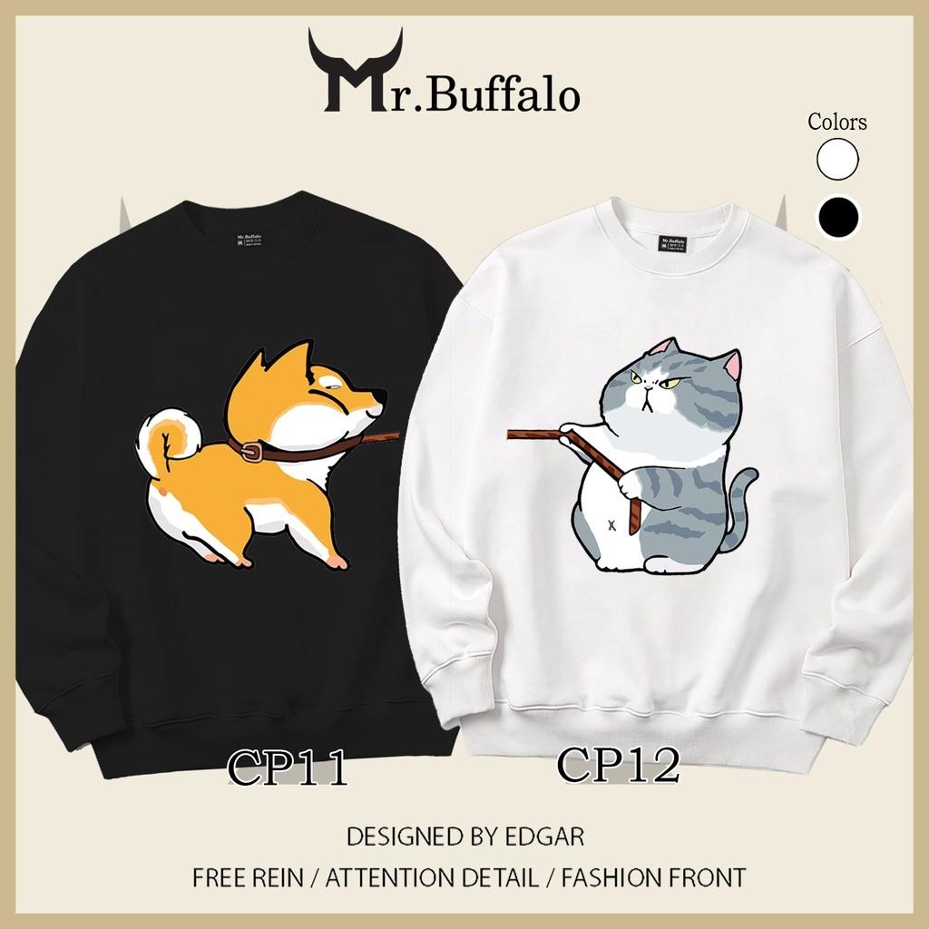 Áo sweater form rộng cặp đôi chó mèo dễ thương Mr.buffalo - Mèo - áo Trắng
