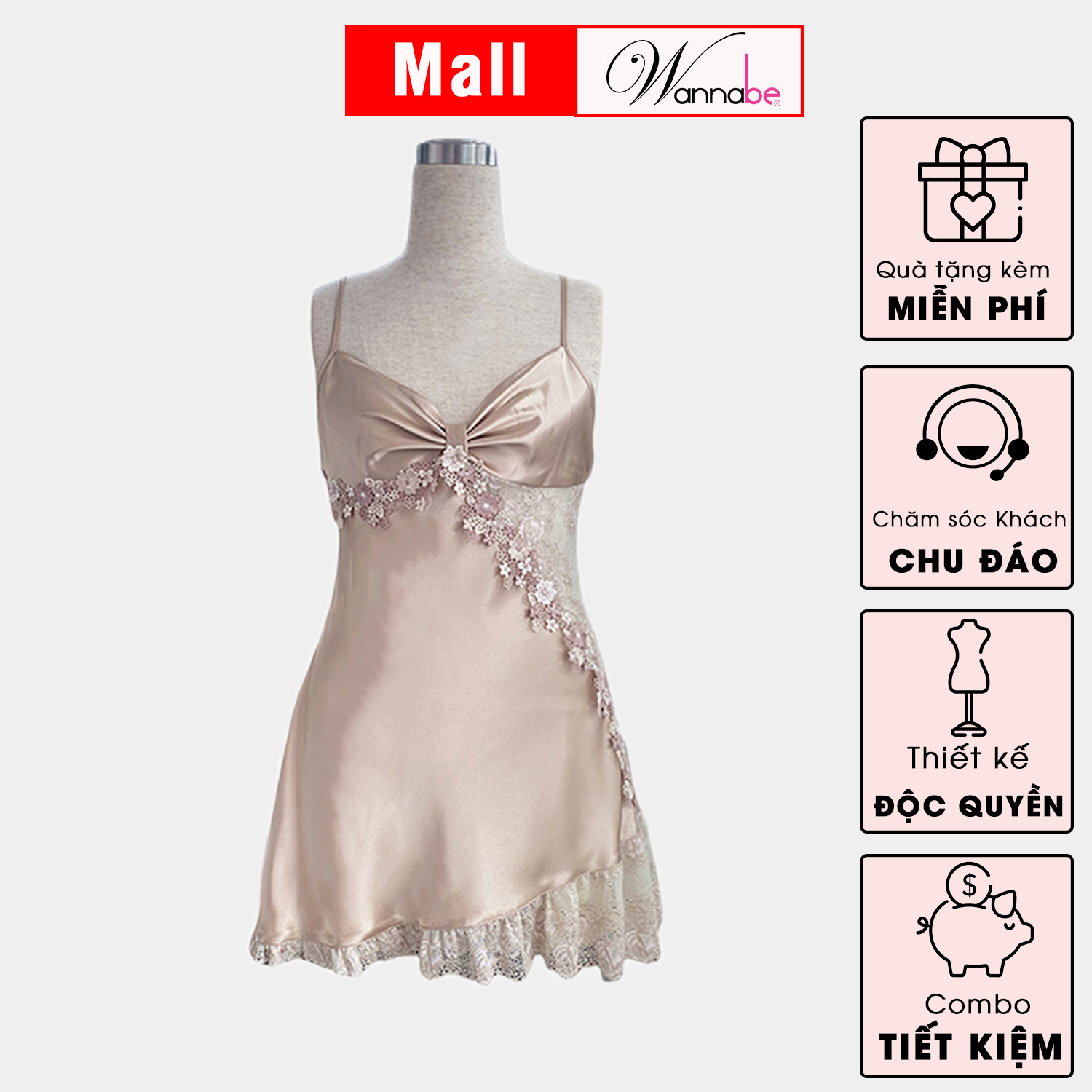 Đầm ngủ phi lụa cao cấp Wannabe DNS29 phối ren sườn nữ tính nhẹ nhàng