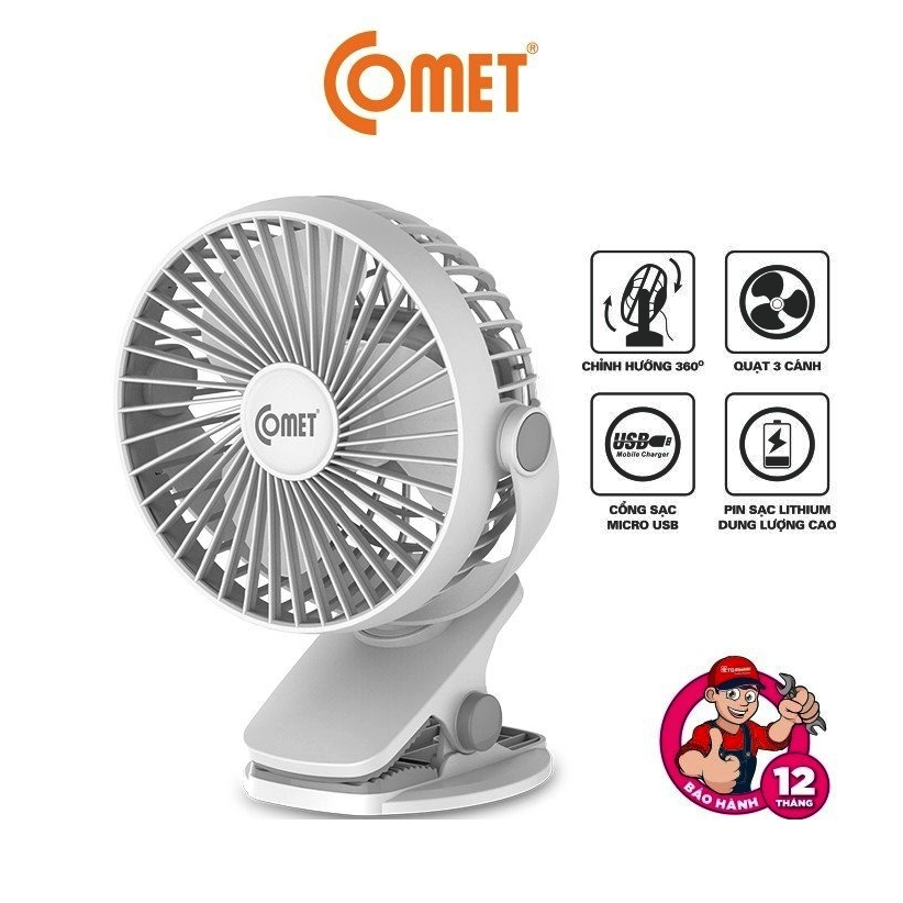 Quạt Kẹp Sạc Mini Tích Điện Comet Xoay 360 Độ CRF0705 (5W) - Hàng chính hãng