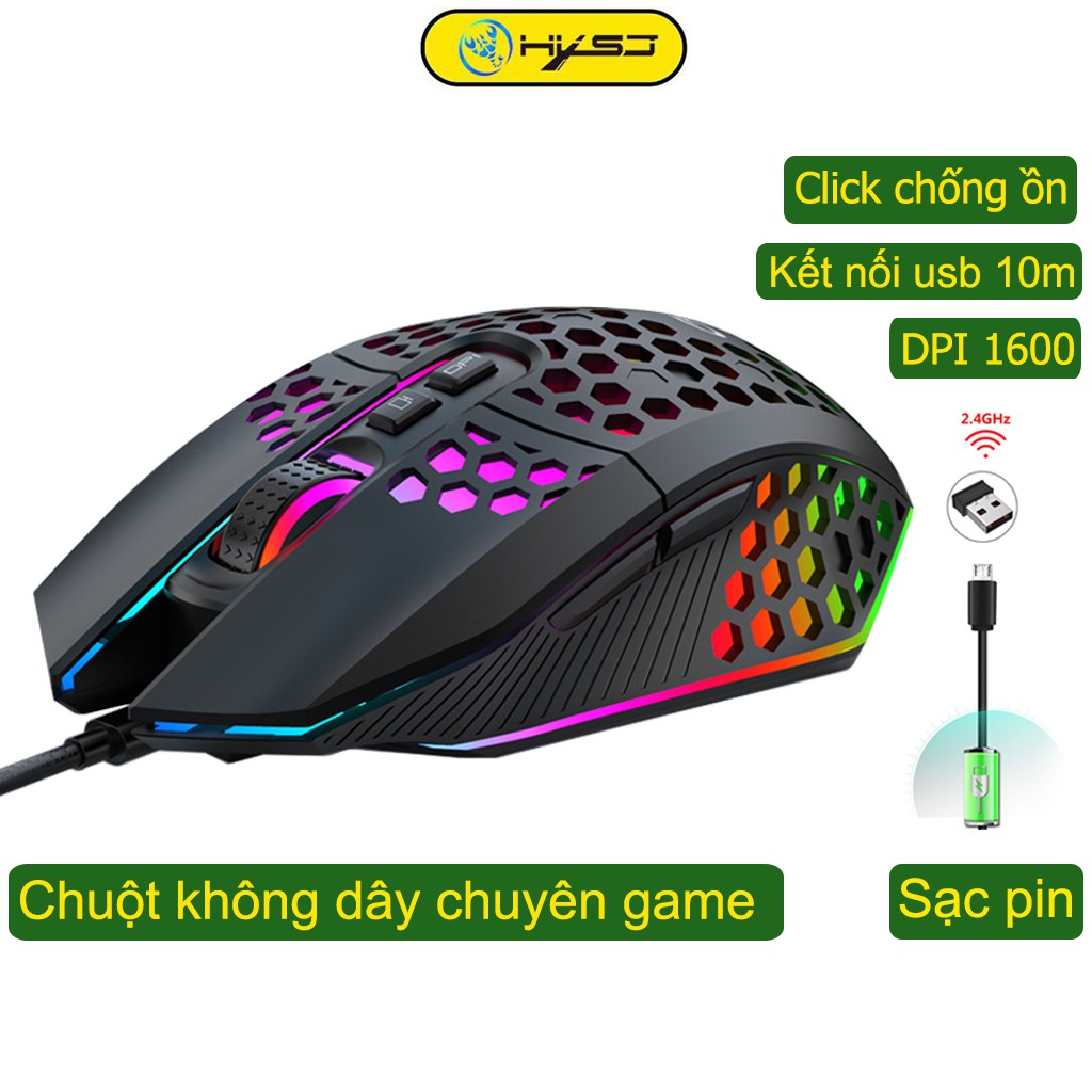 Chuột không dây chơi game HXSJ X801 thiết kế độc lạ Led RGB đổi màu click chống ồn DPI 1600 - Hàng chính hãng