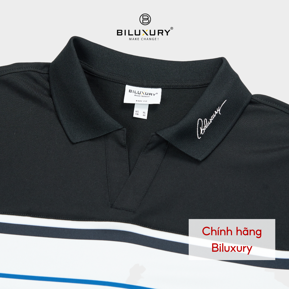 Áo polo nam Biluxury 7APCT025 form slimfit ôm vừa tôn dáng phối sọc ngang nổi bật năng động