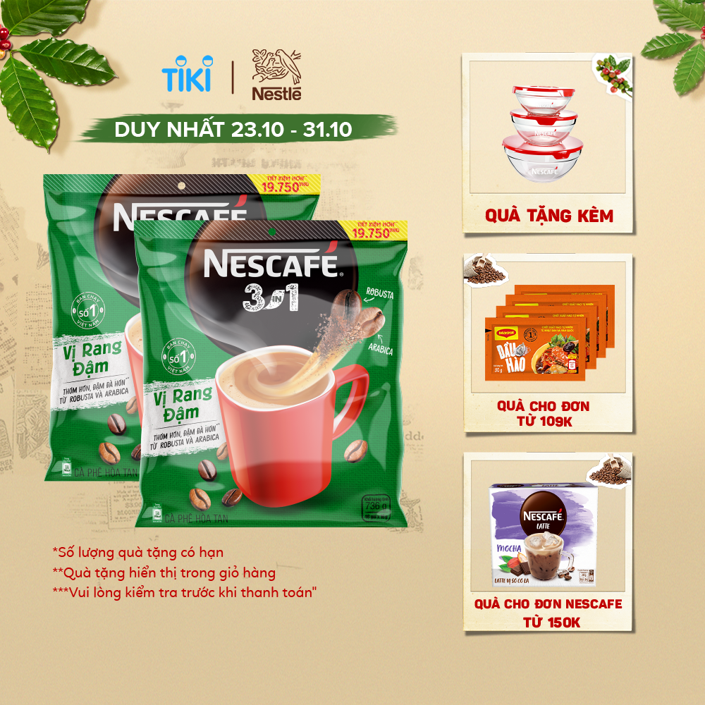 Combo 2 bịch cà phê NESCAFÉ 3IN1 VỊ RANG ĐẬM - công thức cải tiến (Bịch 46 gói x 16g)