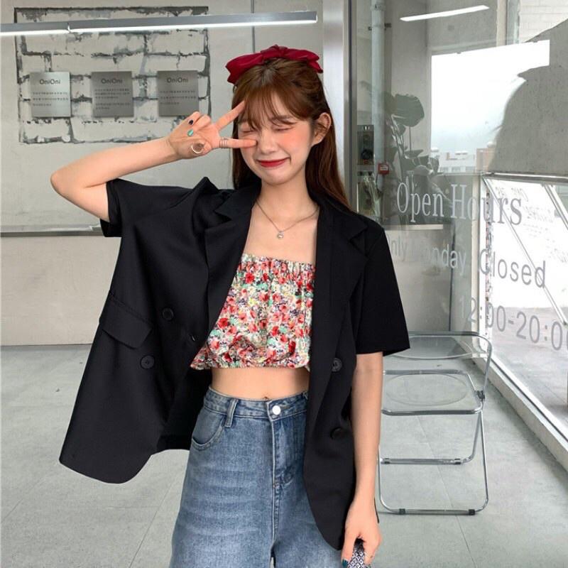 Áo khoác ngắn tay 1 lớp chất Ruby trượt Hàn Áo blazer cộc 5 màu hottrend túi giả Junnie Closet
