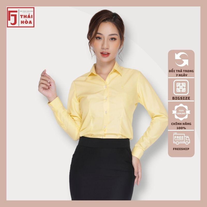 Áo sơ mi nữ Thái Hoà công sở đẹp kiểu dài tay bigsize cotton màu vàng 047-02-01