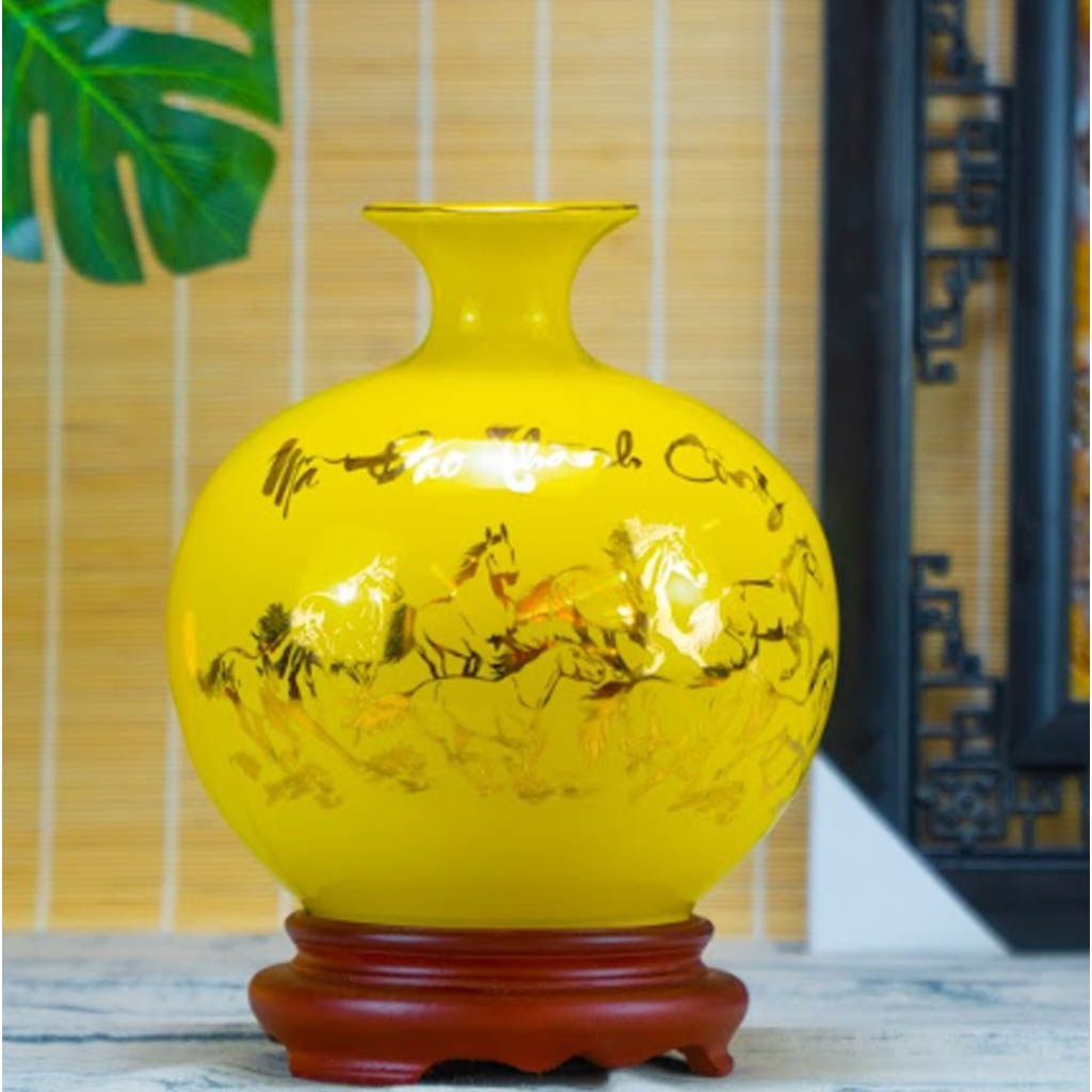 Bình hút lộc, Lọ hoa hút lộc Mã Đáo Thành Công gốm sứ Bát Tràng hút tài lộc phong thuỷ vẽ bằng vàng 24K