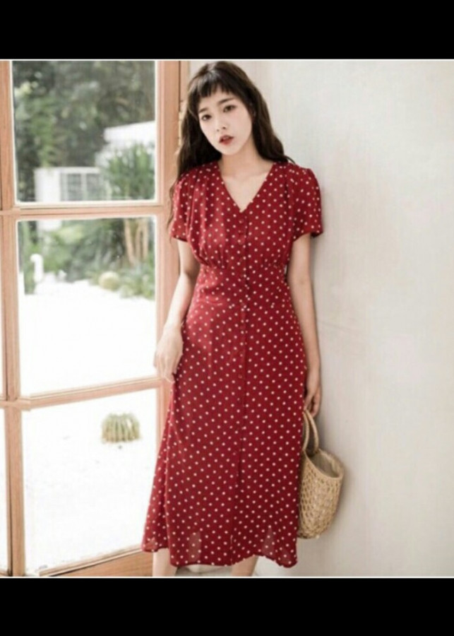 Đầm Bi Đỏ Bo Eo Form Dài