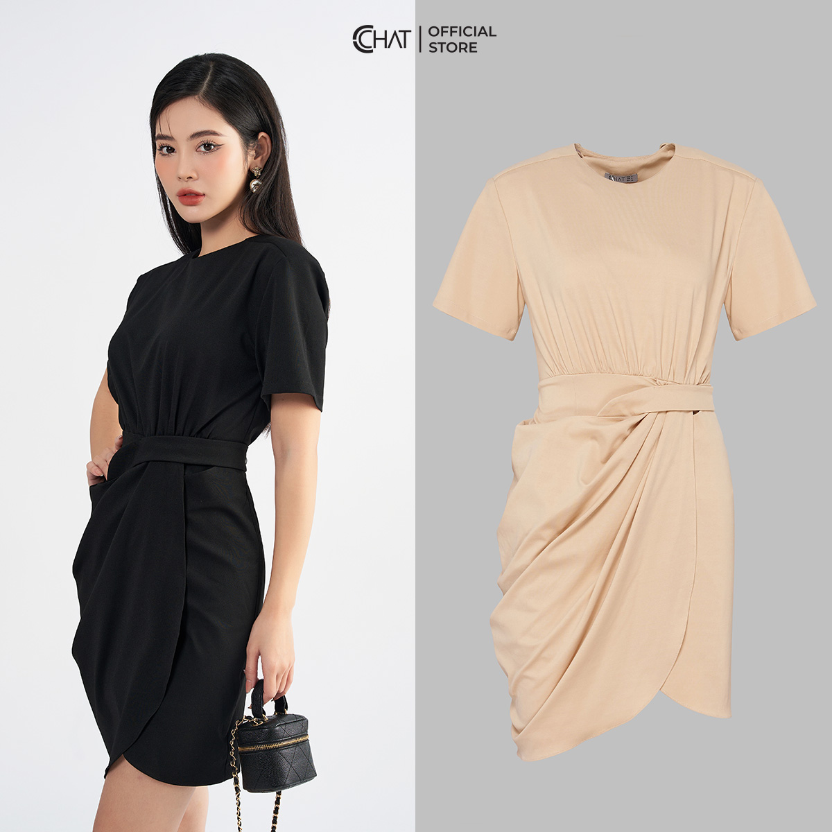 Đầm Nữ  Cổ Tròn Xoắn Vạt Thân Dưới Chất Thun Cao Cấp 22VNC2026OT