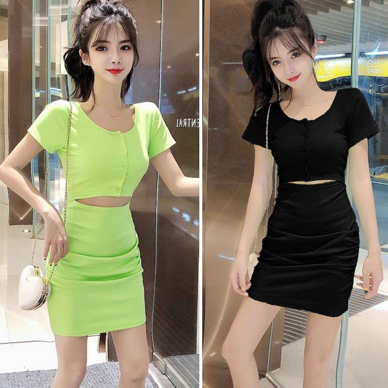 Đầm dệt kim tay ngắn cổ tròn phong cách Hàn Quốc thời trang cho nữ