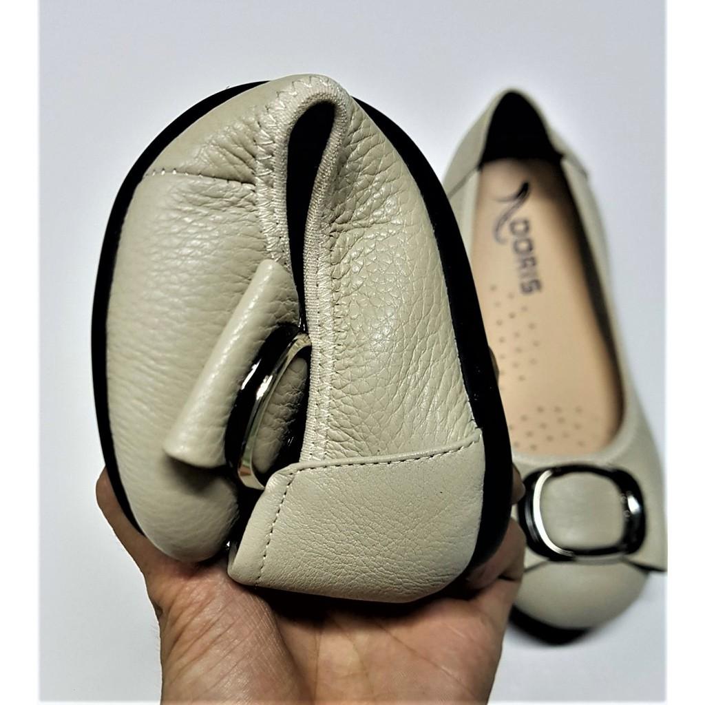 Giày búp bê nữ Doris ️️ Giày búp bê da thật mũi tròn gắn nơ kim loại màu kem DR006.
