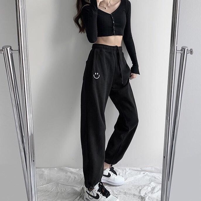 Quần jogger nữ Mặt Cười đen trắng ghi xanhunisex cap cao ống suông rông bo gấu