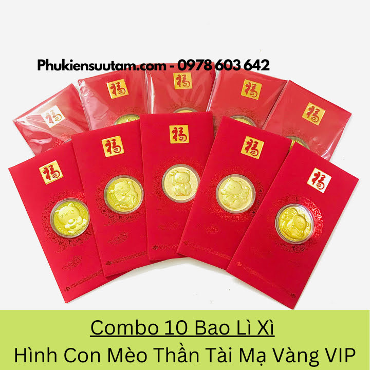 Combo 10 Bao Lì Xì Hình Con Mèo Thần Tài Mạ Vàng VIP, kích thước: 17cmx8cm, màu đỏ - SP005924