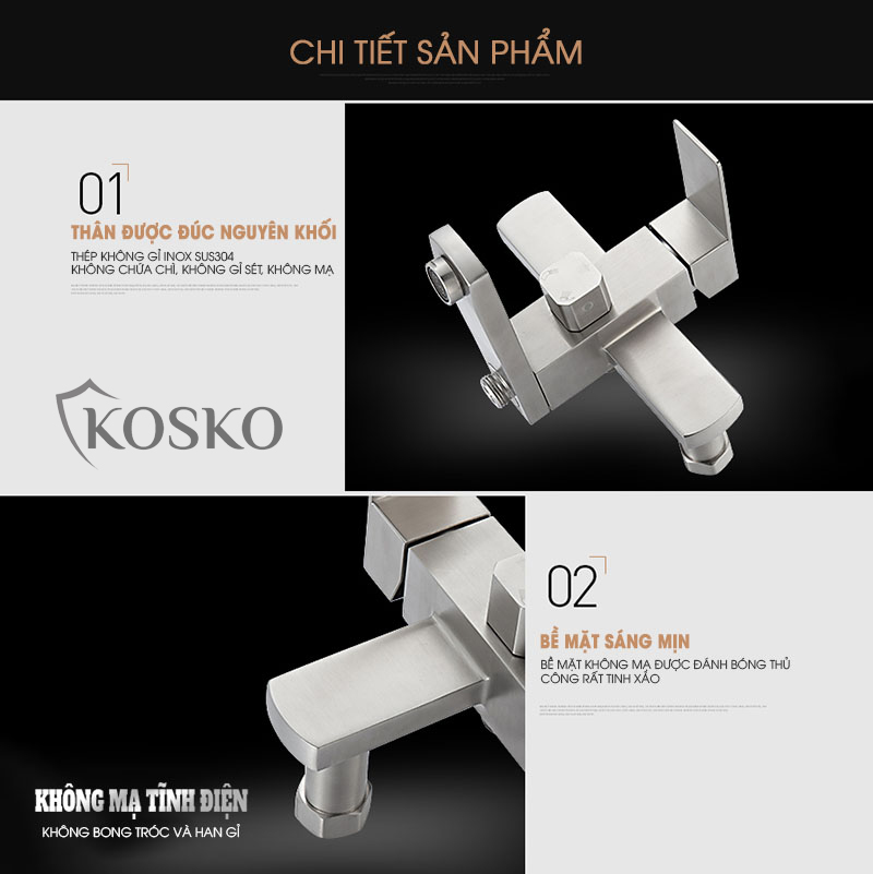 Sen cây tắm đứng nóng lạnh inox 304 KOSKO , sen tắm nóng lạnh vuông