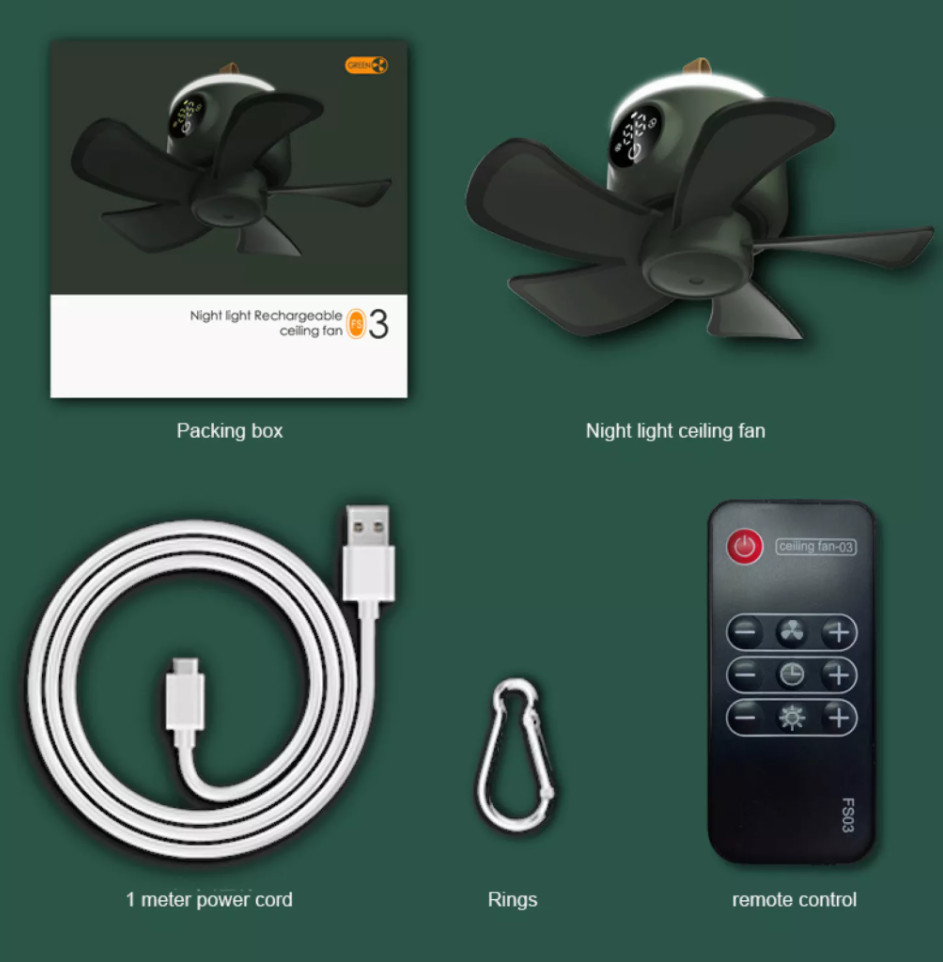 Quạt Cắm Trại, Quạt Trần Mini Sạc USB Không Ồn, Quạt Điều Khiển Từ Xa Không Dây Với Ánh Sáng Quạt Nhỏ Màn Hình Cảm Ứng LED
