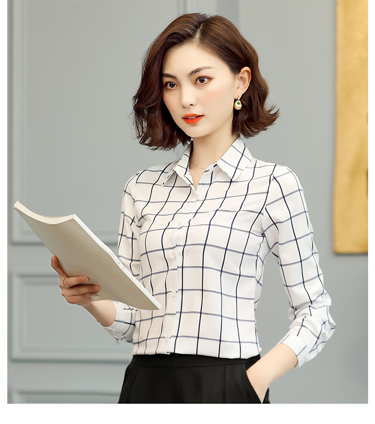 Áo sơ mi nữ công sở kẻ sọc caro thiết kế tay dài phong cách thời trang công sở Hàn Quốc Mã 11