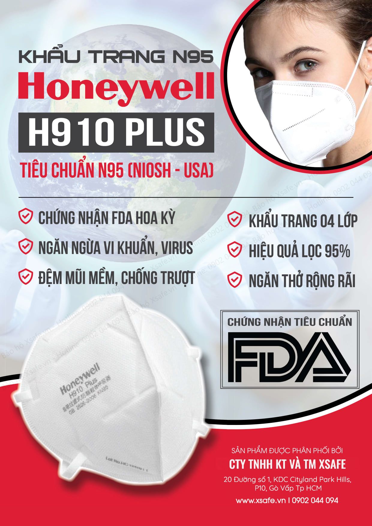 Khẩu trang Honeywell H910 Plus Tiêu chuẩn NIOSH N95 Hoa Kỳ kháng khuẩn lọc bụi mịn (mang qua gáy)