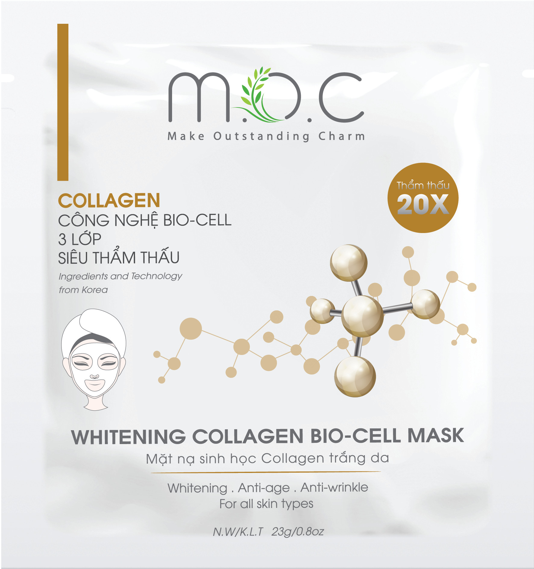 Mask Sinh Học Collagen Trắng Da M.O.C - Tặng 1 Mask Trắng Da Collagen M.O.C - Se khít lỗ chân lông, chống lão hóa da (5 Miếng/Hộp)