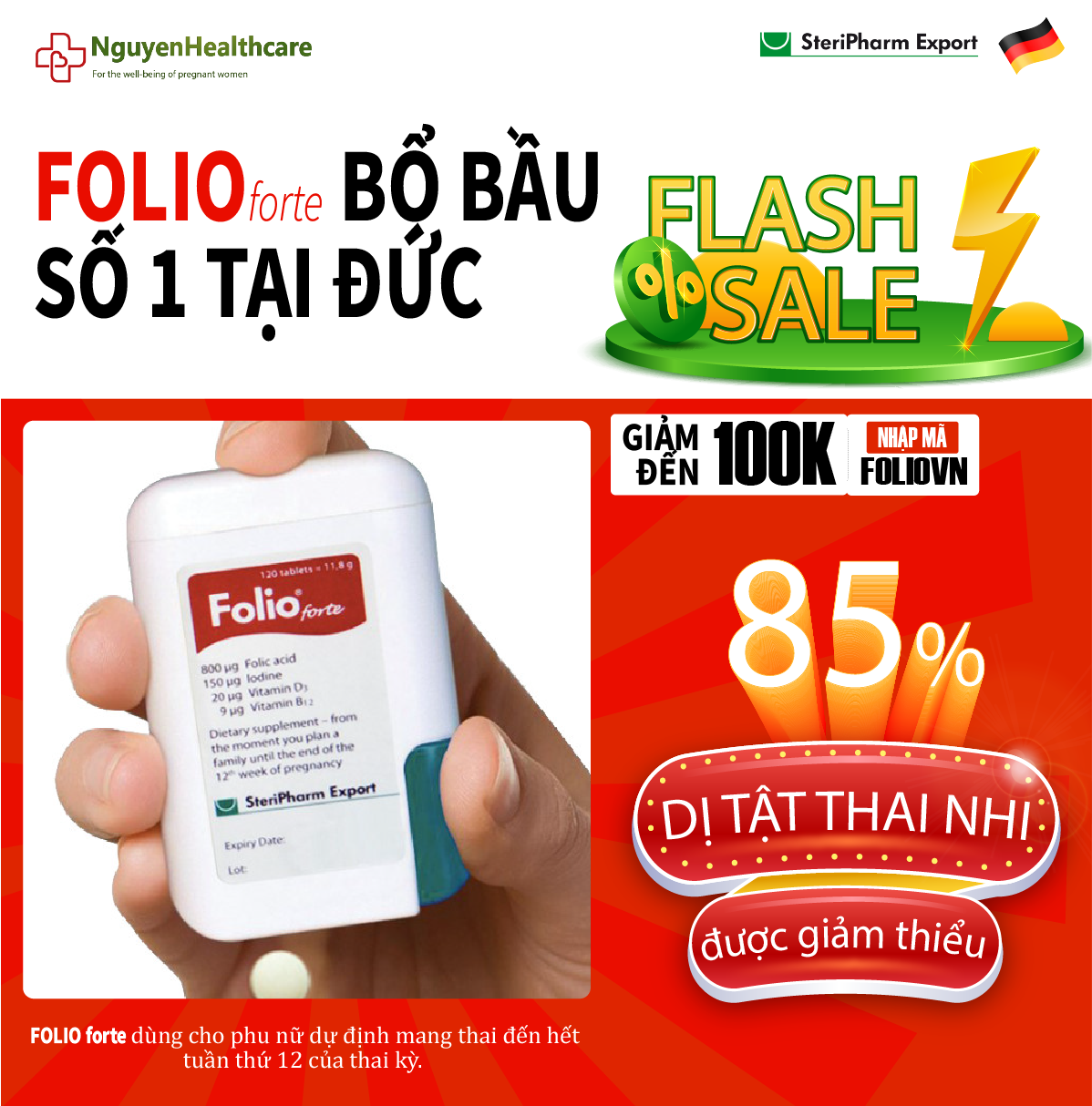 Viên uống bổ sung Acid Folic cho phụ nữ dự định mang thai, phụ nữ đang mang thai Folio® forte - Hộp 120 viên