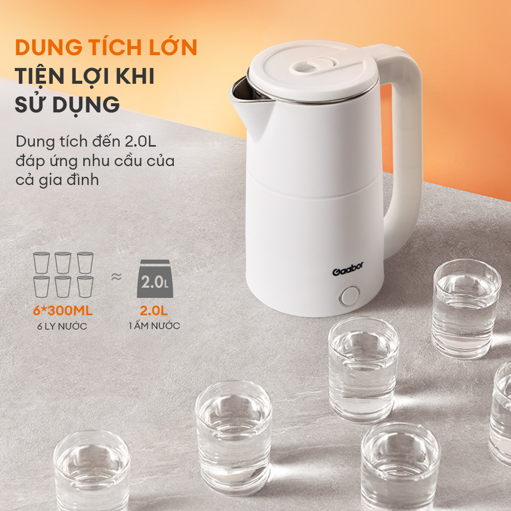 Ấm đun nước siêu tốc GAABOR EK20M-WH02A/WH01A dung tích 2L 1500W không gỉ - Hàng chính hãng