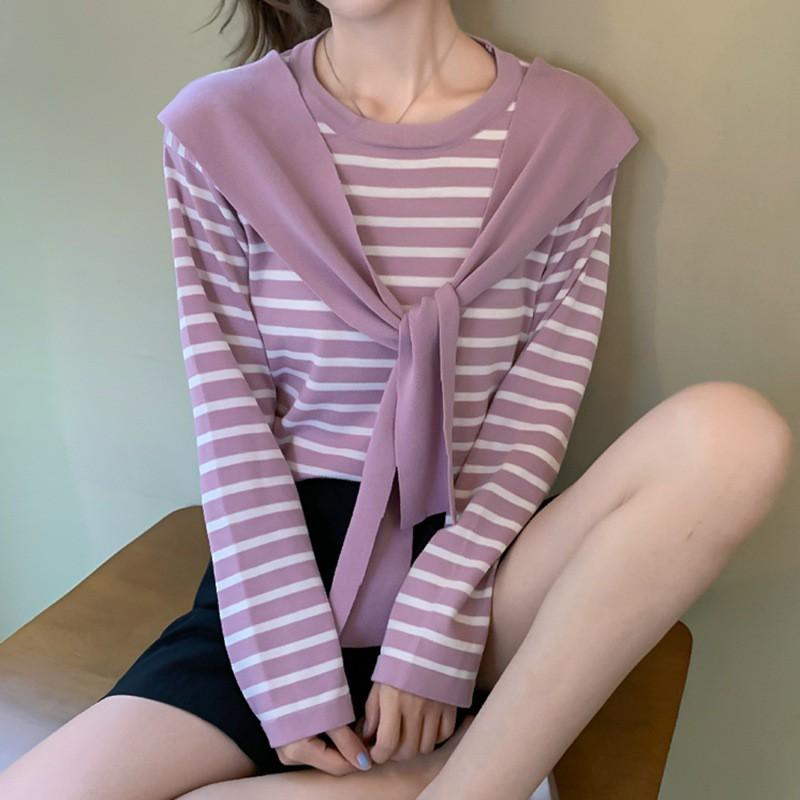 Áo thun dài tay dáng rộng in kẻ sọc phối khăn choàng thời trang Hàn Quốc cho nữ