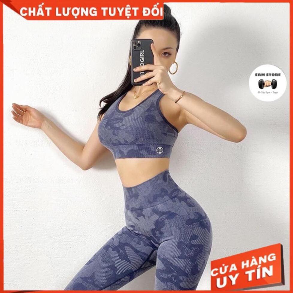 PO Set đồ tập màu camo [CAO CẤP] Bộ đồ tập, Áo bra gài + Quần legging dài cạp cao, dày dặn đứng form