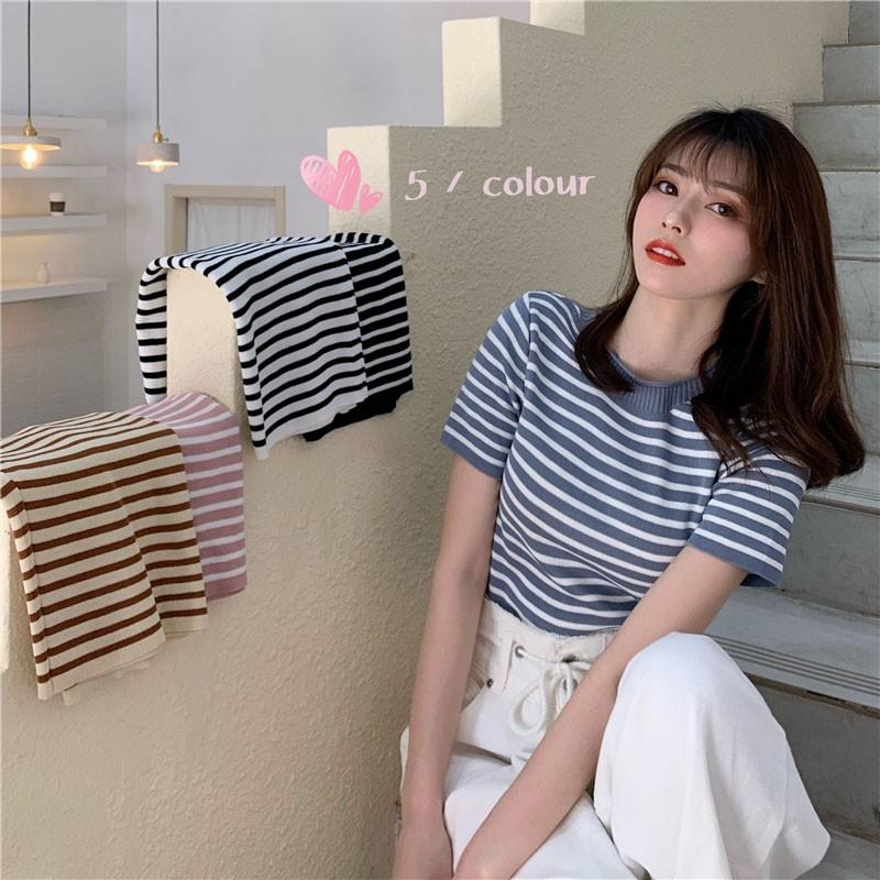 Áo thun nữ ngắn tay cổ tròn kẻ sọc ngang thời trang Hàn Quốc
