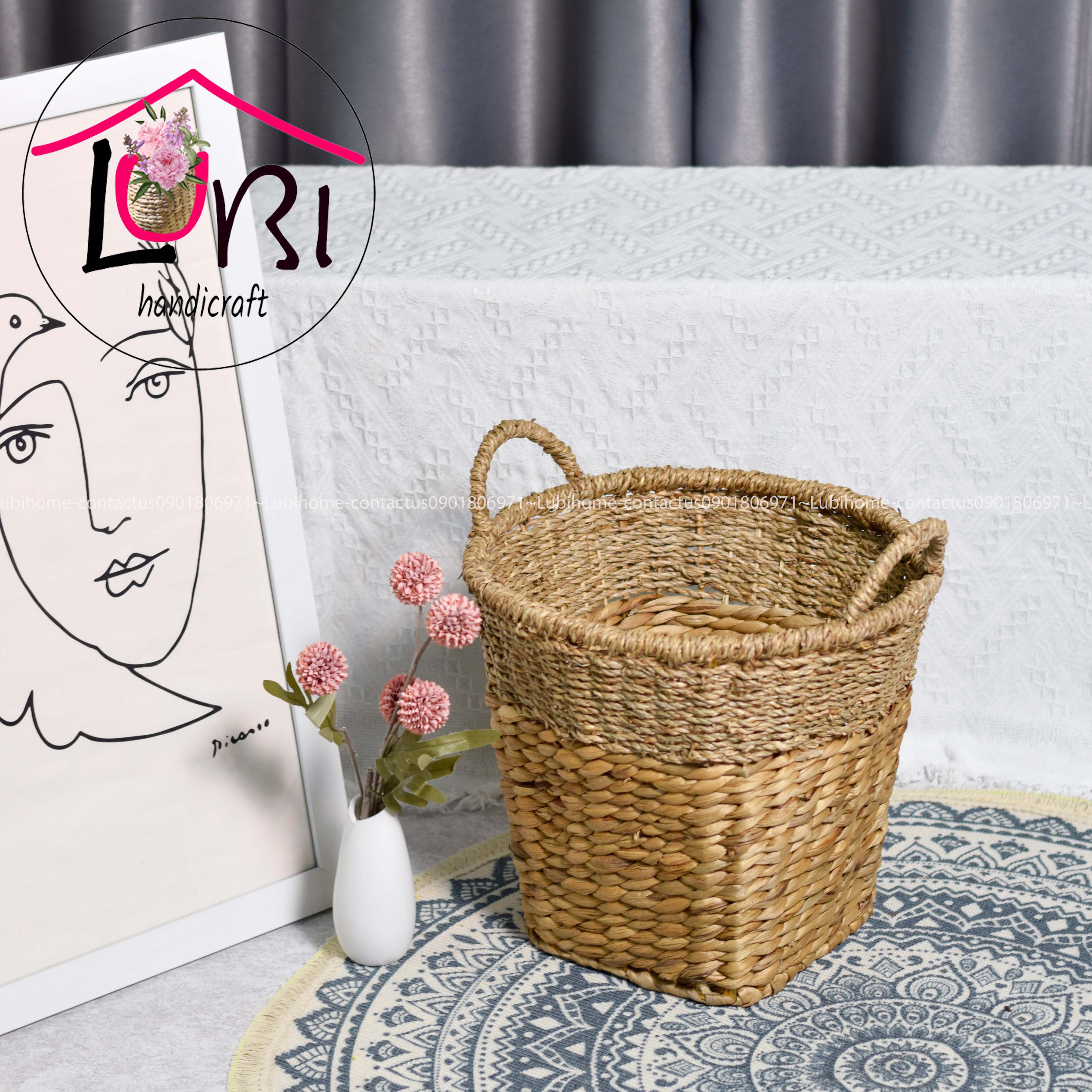 Lubihandicraft - Sọt đựng đồ lục bình kêt hợp cói miệng tròn đáy vuông - xinh xắn