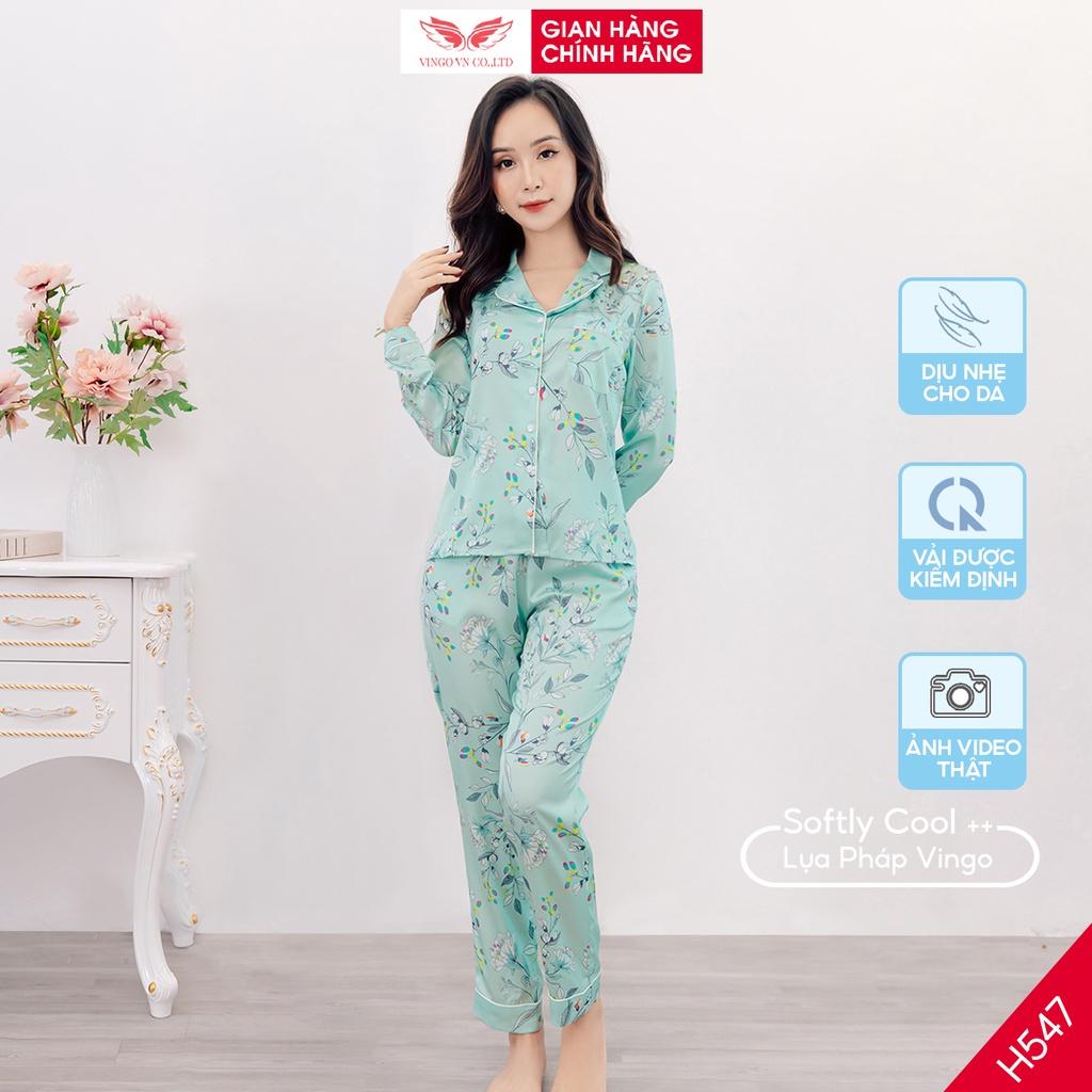 Đồ Bộ Nữ Pijama Mặc Nhà VINGO Lụa Pháp Cao Cấp Tay Dài Quần Dài Cổ Vest Có Eo Họa Tiết Hoa Lá Thu Đông H547 VNGO - TDQD