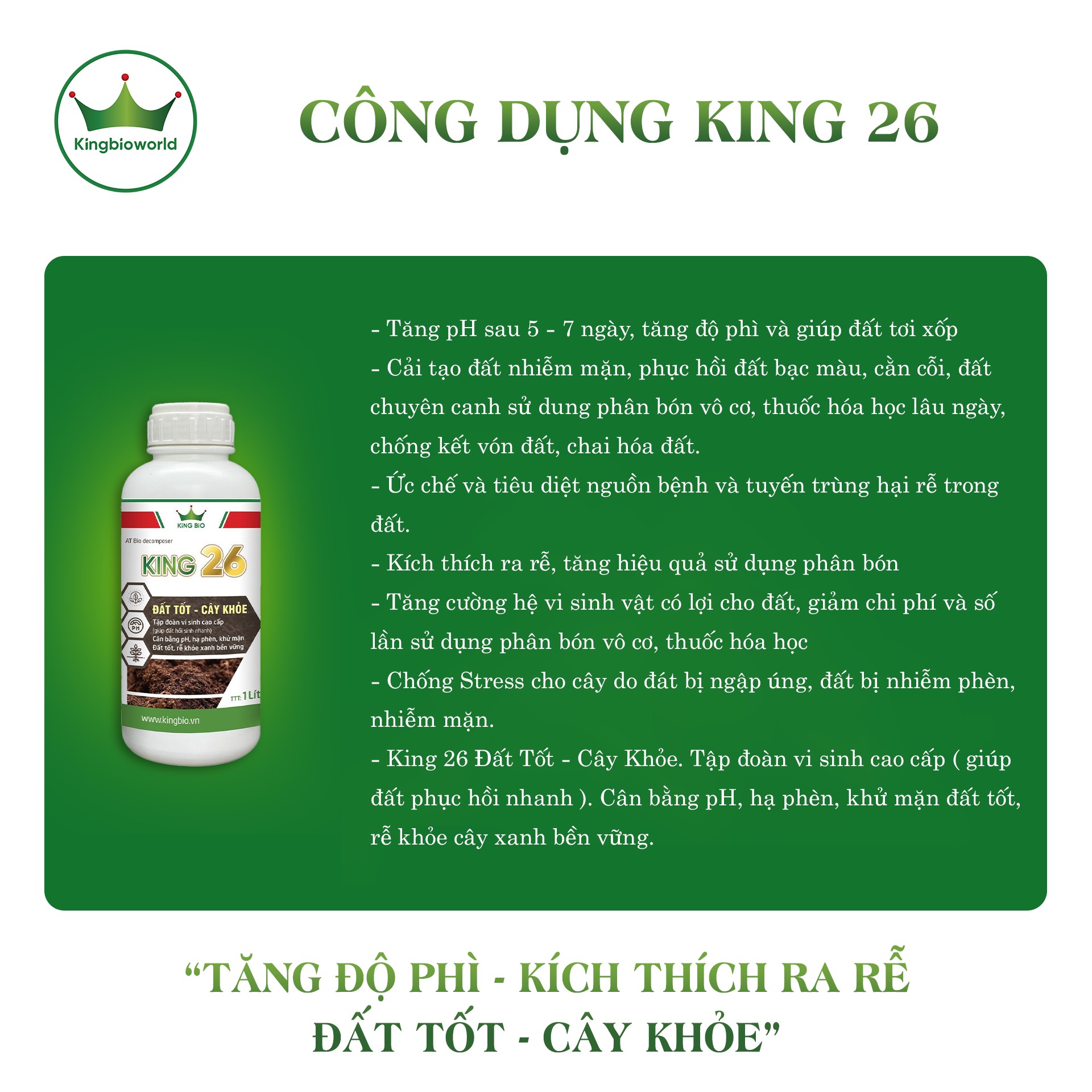 King 26 - Cải tạo đất, tăng độ phì, cân bằng pH khử mặn, hạ phèn kích thích ra rễ