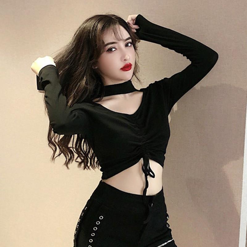 Áo thun nữ tay dài cổ chữ V phong cách Hàn Quốc