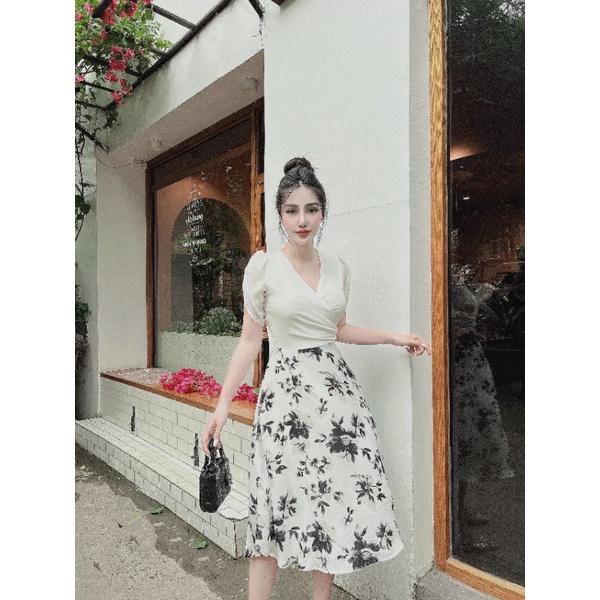 ĐẦM XÒE CỔ ĐẮP CHÉO PHỐI CHÂN VÁY HOA