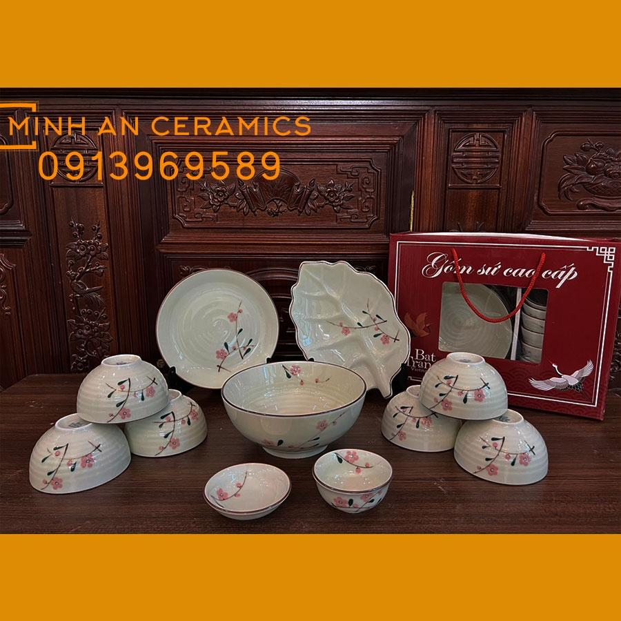 Bộ đồ ăn men kem vẽ hoa văn 11 món gốm Minh An Bát Tràng