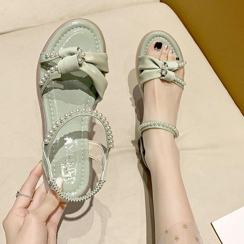 Sandals Women's Flat Shoes 2021 New Fairy Wind Online Celebrity Pearl with Skirt Summer Fashion Roman Beach Shoes